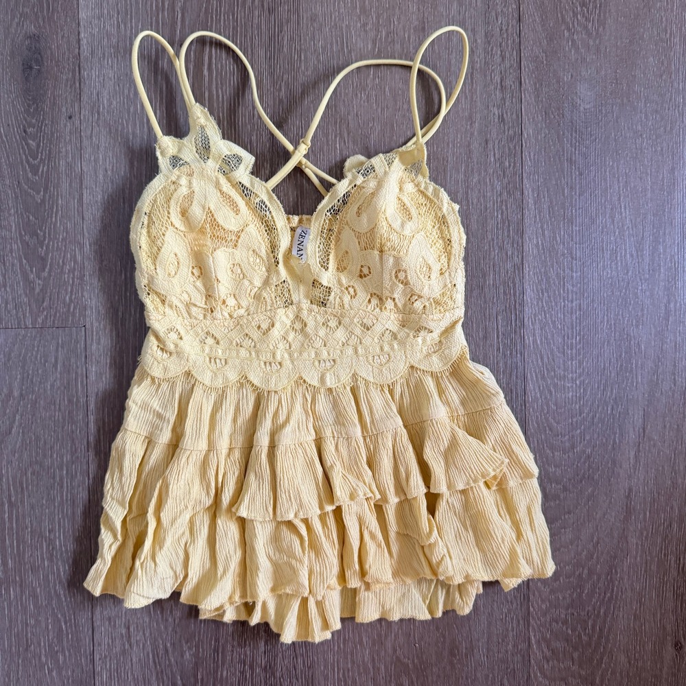 Zenana Lace Bralette Cami Top Women Small Yellow Tiered Ruffle Babydoll Boho